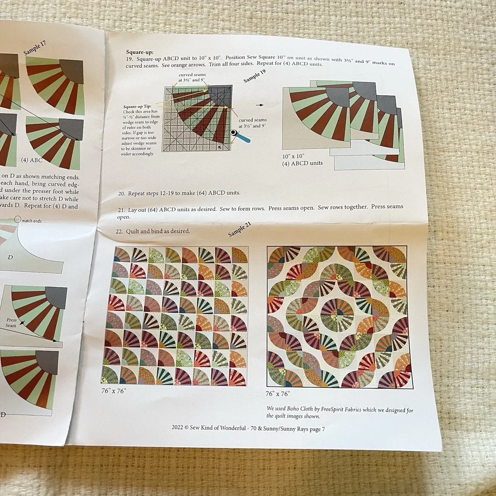 Sew‎ Kind Of Wonderful Quilt Set 70 & Sunny Rays Pattern Kit Fabric 76x76 Curve